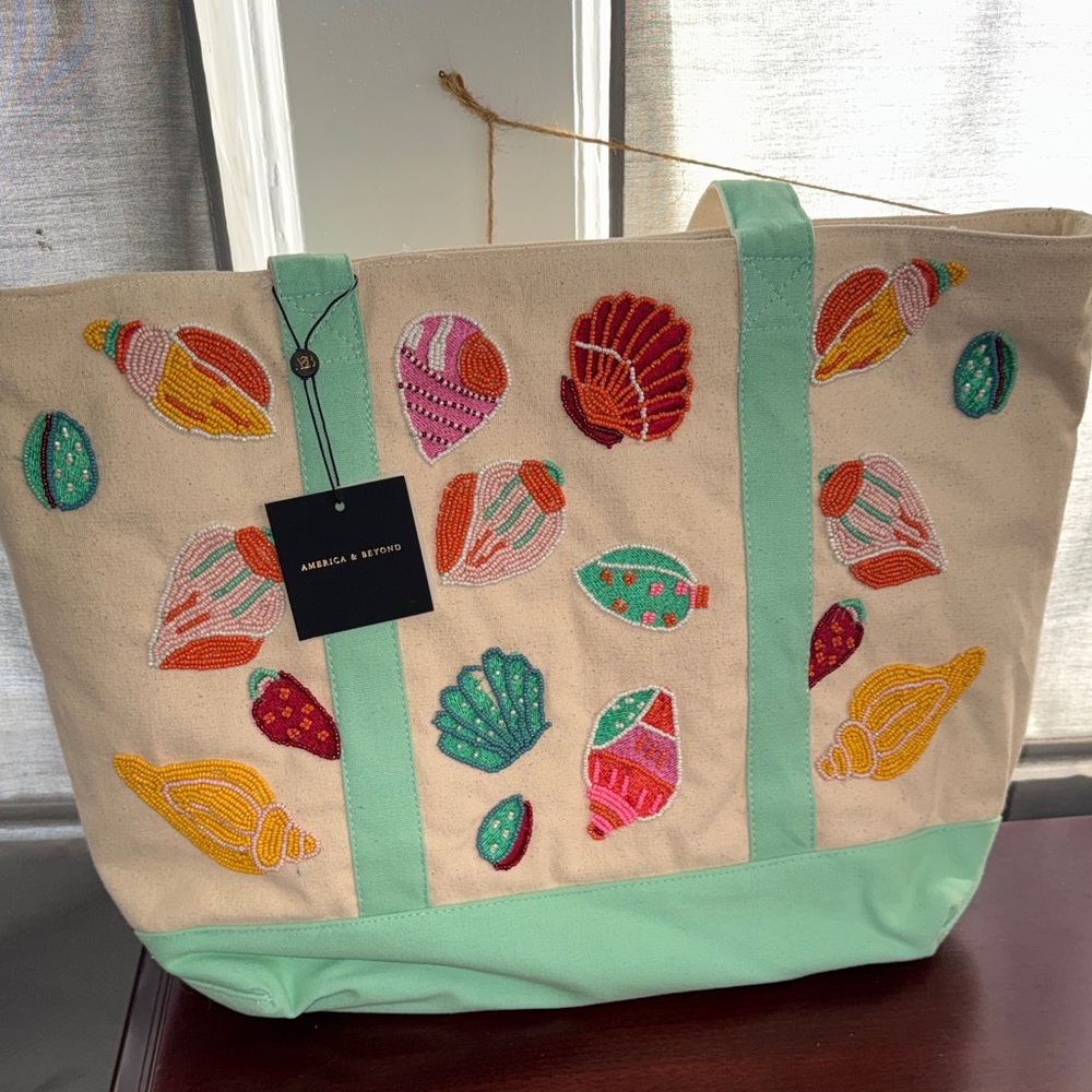 Beaded  Seashell Canvas Tote